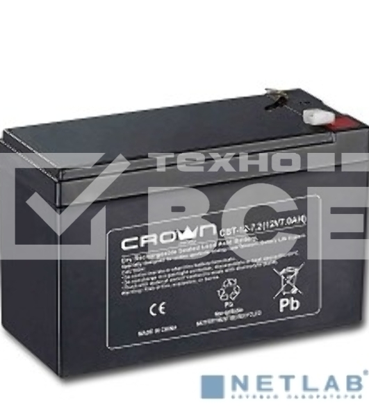 Батарея CROWN CBT-12-7.2 (напряжение 12В, емкость 7.2 А/Ч, разм 151х65х100 мм, вес 2,1 кг, тип клеммы - F2, 5 лет)