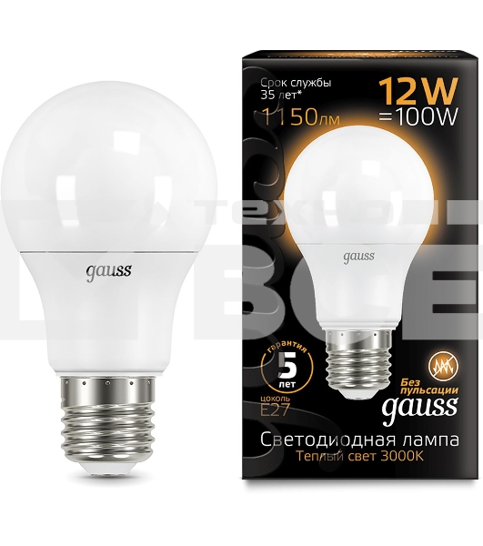 Лампа светодиодная Gauss A60 12Вт цок.:E27 шар 220B 3000K св.свеч.бел.теп. A60 (упак.:10шт) (102502112)