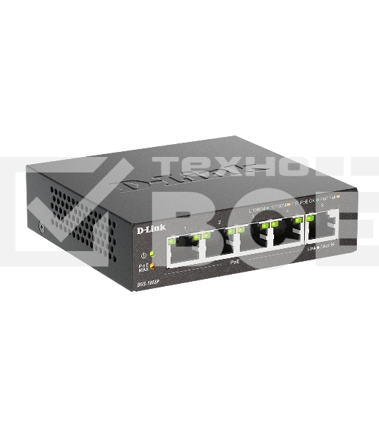 Неуправляемый коммутатор D-Link DGS-1005P/B3A с 5 портами 10/100/1000Base-T (4 порта PoE 802.3af/at, PoE-бюджет 60 Вт)