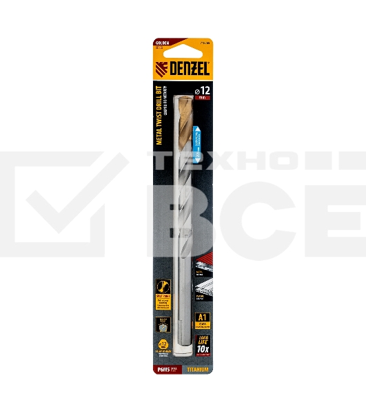 Сверло спиральное по металлу 12 x 205 мм, Р6М5, Golden Tip, удлиненное Denzel