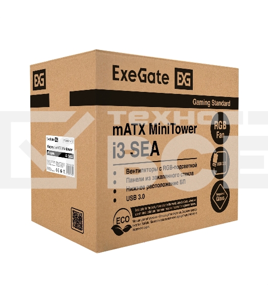 Компьютерный корпус Minitower ExeGate i3 SEA (mATX, БП 700NPX, 2*USB+1*USB 3.0, HD аудио, черный, 1 вент. 12см с RGB подсветкой, передняя и боковая панели - закаленное стекло)