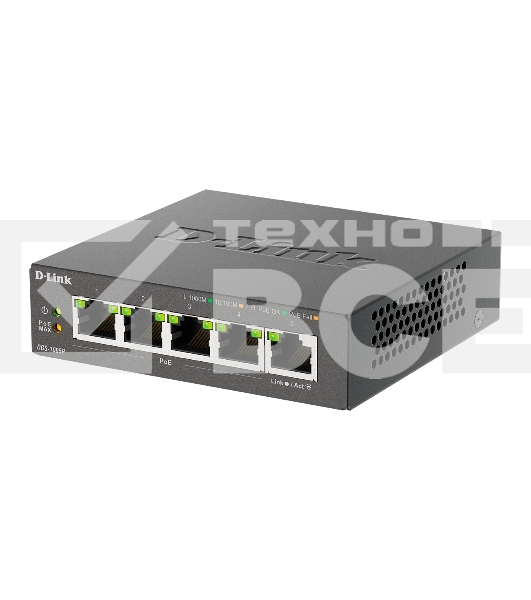 Неуправляемый коммутатор D-Link DGS-1005P/B3A с 5 портами 10/100/1000Base-T (4 порта PoE 802.3af/at, PoE-бюджет 60 Вт)