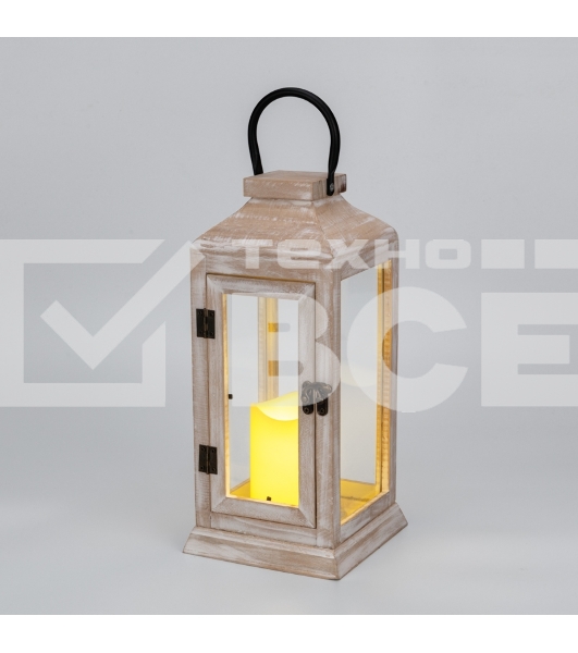 Фонарь декоративный Neon-night со свечкой, корпус из дерева, бежевый, 15х15х38cм, теплый белый