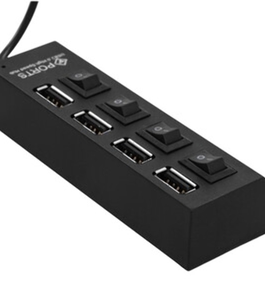 Разветвитель USB2.0 Gembird 4xUSB, блок питания 2А, подсветка и выкл, кабель USB 55 см, черный