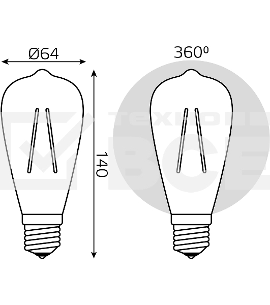 Лампа светодиодная филаментная Gauss Filament ST64 8Вт цок.: E27 эдисон 220B св. свеч. бел. теп. (упак.: 10 шт)
