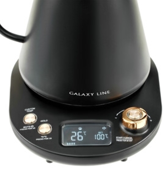 Чайник заварочный для кофе и чая Galaxy LINE GL 0341, черный, металл, 1100 ВТ, 1 л, корпус из нержавеющей стали AISI 304, установка температуры от 40 до 100 °C, функция поддержания температуры, 3 запрограммированных режима нагрева воды до 91°С, 93 °С, 96 °С, удобная форма носика