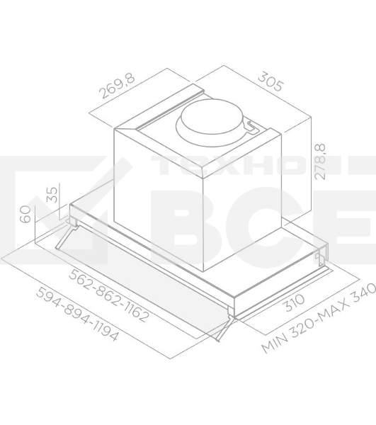 Вытяжка Elica 60 см, 1300 м3/ч, отвод.рециркуляция, нерж. сталь