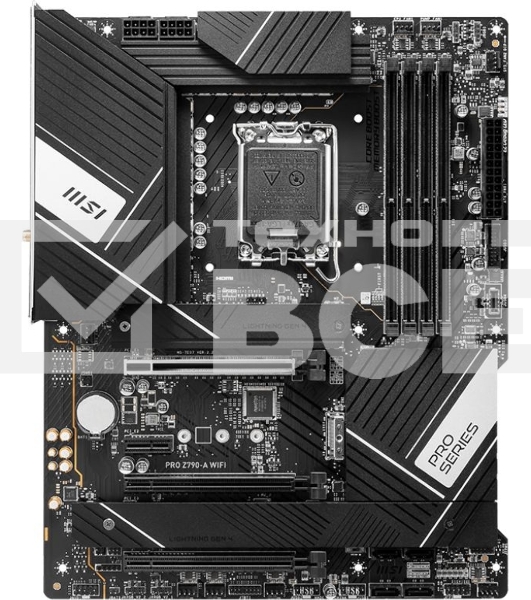 Материнская плата MSI PRO Z790-A WIFI, LGA1700, Intel Z790, 4xDDR5, 6xSATA, 4xM.2, 1xPCIe 5.0 x16, 1xPCIe 4.0 x4, 1xPCIe 3.0 x1, 1xDP, 1xHDMI, 1x2.5Gb LAN, Wi-Fi 6E, Bluetooth 5.3, 1xUSB-C 20Gbps, 3xUSB-A 10Gbps, 2xUSB-A 5Gbps, 2xUSB-A 2.0, 5x3.5 мм, 7.1,