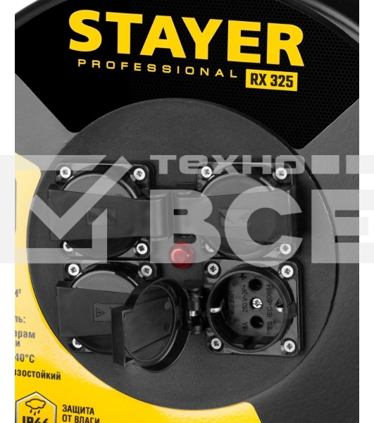 Удлинитель силовой Stayer 55076-50 3x2.5кв.мм 4розет. 50м КГ катушка черный