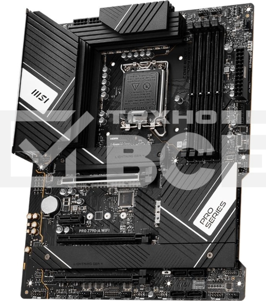 Материнская плата MSI PRO Z790-A WIFI, LGA1700, Intel Z790, 4xDDR5, 6xSATA, 4xM.2, 1xPCIe 5.0 x16, 1xPCIe 4.0 x4, 1xPCIe 3.0 x1, 1xDP, 1xHDMI, 1x2.5Gb LAN, Wi-Fi 6E, Bluetooth 5.3, 1xUSB-C 20Gbps, 3xUSB-A 10Gbps, 2xUSB-A 5Gbps, 2xUSB-A 2.0, 5x3.5 мм, 7.1,