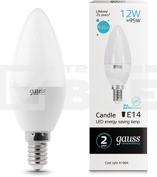 Лампа светодиодная Gauss Elementary 12Вт цок.:E14 свеча 220B 4100K св.свеч.бел.нейт. C37 (упак.:10шт) (33122)