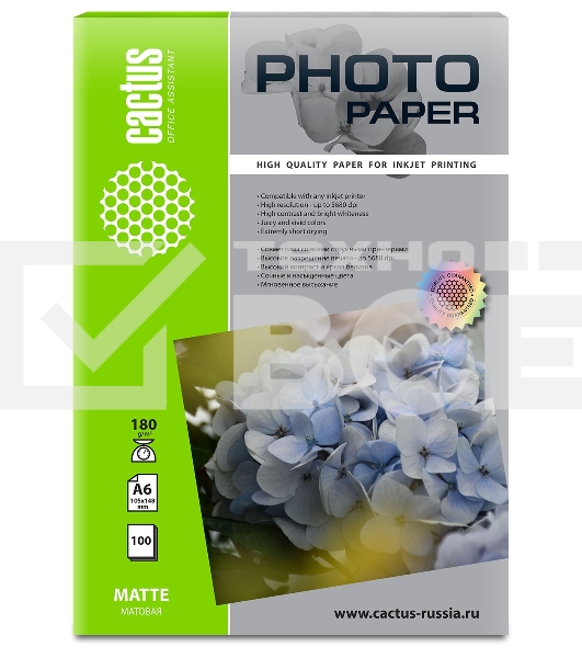 Фотобумага Cactus CS-MA6180100 A6/180г/м2/100л./белый матовое для струйной печати