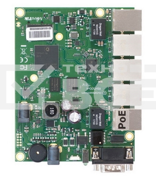Плата маршрутизатора RB450Gx4 без корпуса RouterBOARD 450Gx4 with four core 716MHz Atheros CPU, 1 GB RAM, 5 Gigabit LAN ports, PoE OUT on port #5, RouterOS L5 {20}