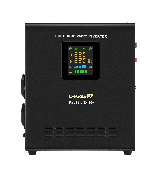 Комплект Источник бесперебойного питания EX295996RUS + батарея 40Aч EX282979RUS 1шт (инвертор, синус, для котла, настенный) ExeGate FineSine SX-800.LCD.AVR.2SH <800VA/500W, чистая синусоида, цветной LCD-дисплей, AVR, 2*Schuko, линейно-интерактивный, крепление настенное/универсальное, черный> + батарея ExeGate HR 12-40 (12В, 40Ач) 1шт