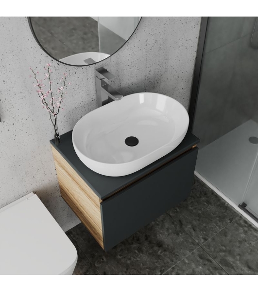 Комплект для ванной, 4 предмета (Тумба подвесная Bau Blackwood 60 графит + Раковина BAU 59х40 + Смеситель Hotel Still, нерж. сталь, выпуск черный)