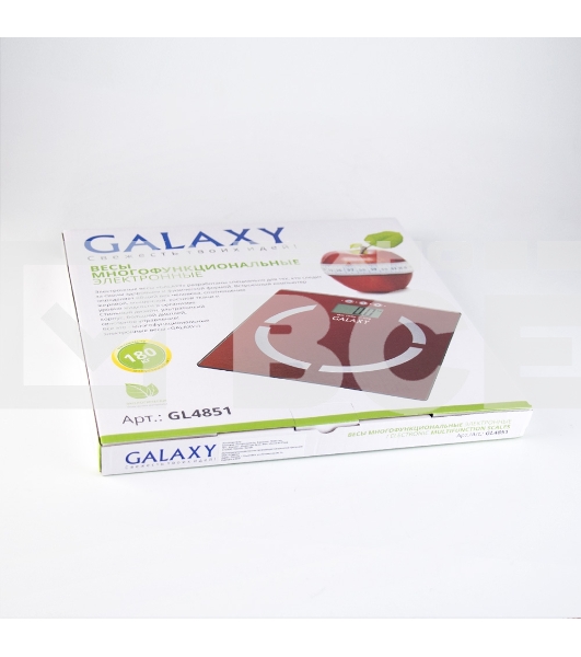 Весы многофункциональные Galaxy GL 4851, красный, электронные, эл. пит. «CR2032» в компл., макс вес 180 кг, сверхточ. элек. сенс. сист., ЖК-дисплей, авто. откл., индик. перег. и низ. зар., пам. изм. веса (10 чел.), опр. ур. жир., мышеч., кост. массы