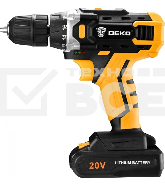 Аккумуляторная дрель DEKO DKCD20FU-Li (063-4103) 20В 1.5Ahx2 63 с набором 63 предмета в кейсе