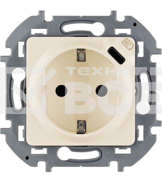 Розетка 2К+З немецкий стандарт 16А 250В с зарядным устройством USB C 1.5А 5В слоновая кость
