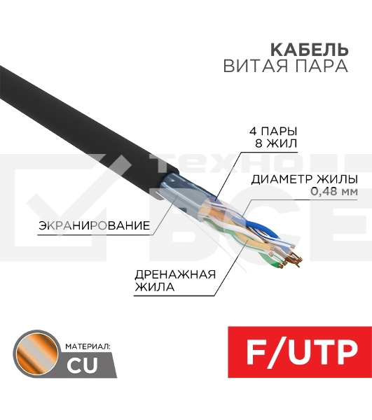 Кабель витая пара Rexant F/UTP, cat.5e, PE, 4PR, 24AWG, OUTDOOR, SOLID, черный, 305м, серия LIGHT