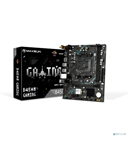 Материнская плата Maxsun B450M GAMING WIFI, AM4, AMD B450, 2xDDR4 (до 64 ГБ), 2xSATA, 1xM.2 (PCIe 3.0 x4), 1xPCIe 3.0 x16, 1xPCIe 3.0 x1, 1xHDMI, 1xDP, 1x1Gb LAN, Wi-Fi 5, Bluetooth 4.2, 4xUSB-A 5Gbps, 2xUSB-A 2.0, 3x3.5 мм, 7.1, mATX