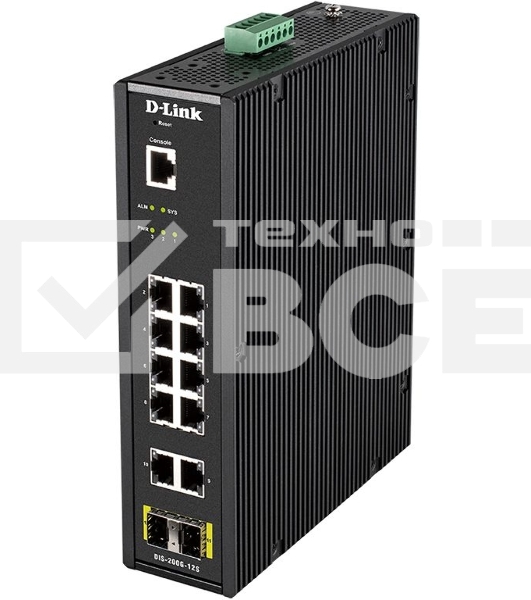 КоммутаторD-Link DIS-200G-12S/A1A, L2 Managed Industrial Switch with 10 10/100/1000Base-T and 2 1000Base-X SFP ports 8K Mac address, 802.3x Flow Control, 802.3ad Link Aggregation, Port Mirroring, 128 of 802.1Q