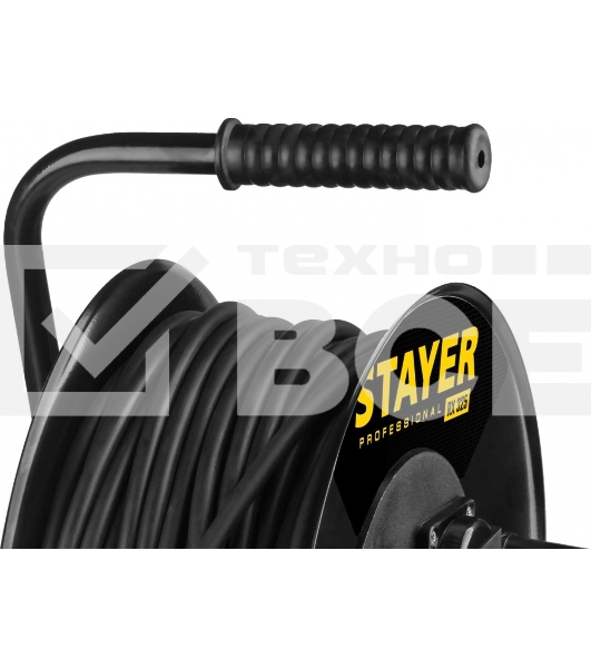 Удлинитель силовой Stayer 55076-50 3x2.5кв.мм 4розет. 50м КГ катушка черный