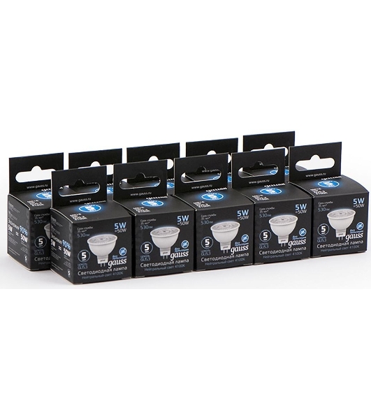 Лампа светодиодная Gauss черный 5Вт цок.: GU5.3 рефлектор 220B 4100K св. свеч. белый ней. MR16 (упак.: 10 шт)
