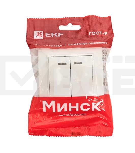 Выключатель 2-клавишный СП с индикатором,10А, белый EKF Basic Минск
