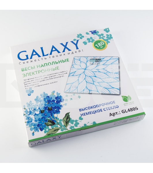 Весы напольные GALAXY GL 4805, белый, электронные, элемент питания «CR2032» в компл., макс допуст. вес 180 кг, сверхточ. электр. сист., платф. из высокопроч. стек., ЖК-дисплей, авто. откл., индик. перег., индик. низ. зар. элем. пит., прорез. ножки