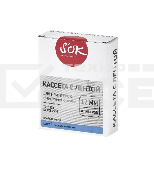Кассета с лентой S'OK by Sakura Printing TZES531 для Brother, черный на синем, 12мм/8м, наклейка
