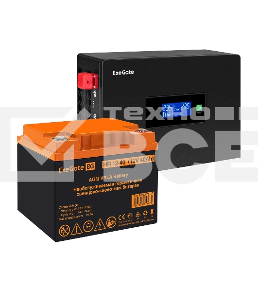 Комплект Источник бесперебойного питания EX295992RUS + батарея 40Aч EX282979RUS 1шт (инвертор, синус, для котла, PF=1, настенный) ExeGate IdealSine SR-600.LCD.2SH <600VA/600W, чистая синусоида, цветной LCD-дисплей, 2*Schuko, крепление настенное, черный> + батарея ExeGate HR 12-40 (12В, 40Ач) 1шт