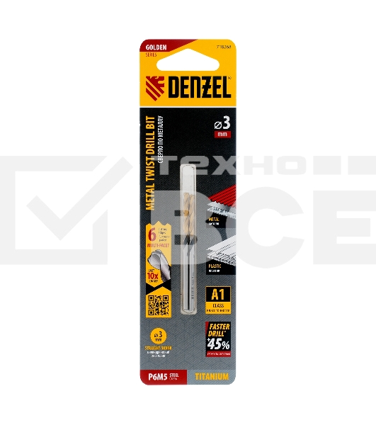 Сверло спиральное по металлу 3 x 61мм, Р6М5, Golden Tip, многогранная заточка, 2шт. Denzel