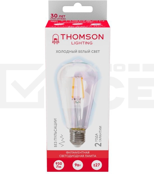 Лампа филаментная Thomson E27,  эдисон, 9Вт, 6500К, белый холодный,  TH-B2342, 1 шт.