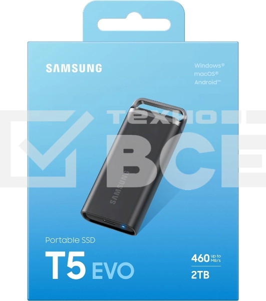 Внешний SSD Samsung T5 EVO, 2TB, USB 3.2 Gen 1 Type-C, R/W 460/460, черный