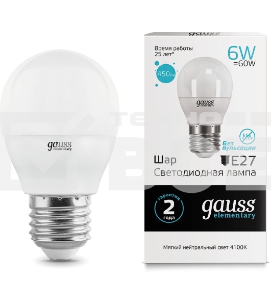 Лампа GAUSS LED Elementary Globe 6W E27 4100K арт. 53226