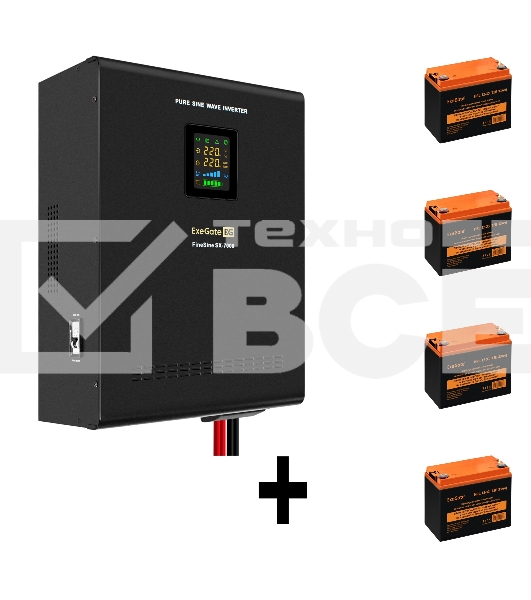 Комплект источника бесперебойного питания Exegate EX296005RUS + батарея 33Aч EX285664RUS 4шт (инвертор, синус, для котла, настенный) ExeGate FineSine SX-7000.LCD.AVR.2SH.T <7000VA/5000W, чистая синусоида, цветной LCD-дисплей, AVR, 2*Schuko+клеммы, линейно-интерактивный, крепление настенное, Black> + батарея ExeGate HRL 12-33 (12В, 33Ач) 4шт