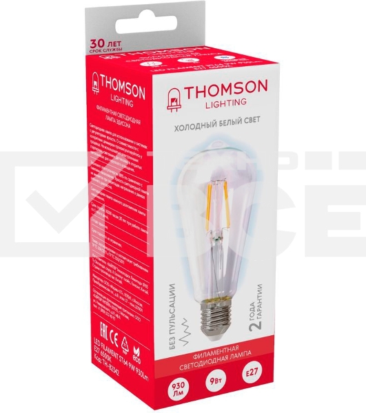 Лампа филаментная Thomson E27,  эдисон, 9Вт, 6500К, белый холодный,  TH-B2342, 1 шт.