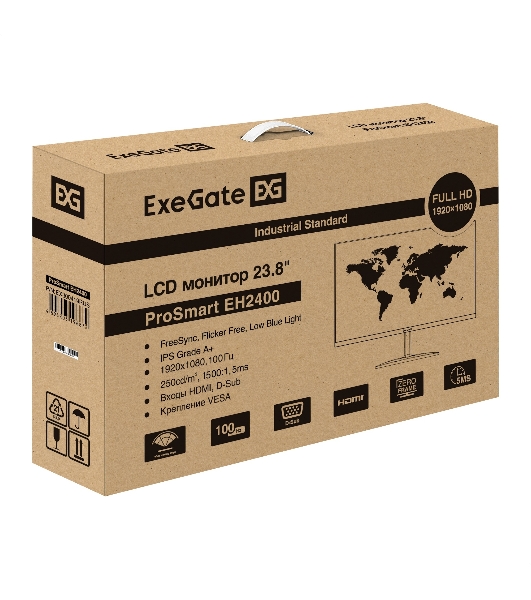 Монитор 23.8' 100 Гц ExeGate ProSmart EH2400 (IPS LED Grade A+, FHD, 1920x1080@100Hz, 16:9, 250cd/m2, 1500:1, 178°/178°, 3-5ms, D-Sub, HDMI, FreeSync, Flicker-free, Low Blue Light, HDMI cable 1.5m, VESA, регулировка наклона (tilt), black)