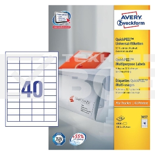 Этикетки самоклеящиеся Avery Zweckform 3657 A4, 48.5x25.4 мм, 40 шт, универсальная, 70 г/м2, 100 л, покрытие матовое, белый