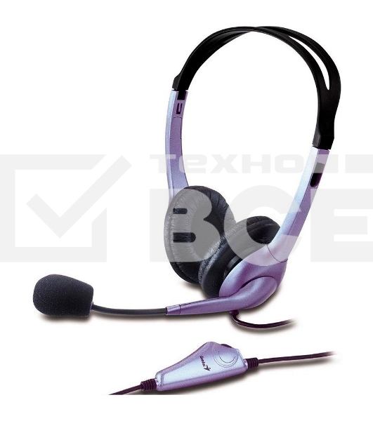 Проводная гарнитура Genius HS-04S (крепление - оголовье, накладные наушники, разъем mini jack 3.5 мм, фиксированное крепление микрофона.) Цвет сиреневый.