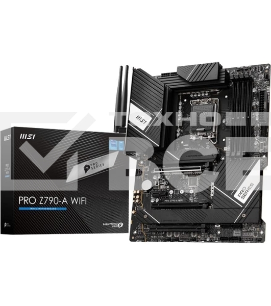 Материнская плата MSI PRO Z790-A WIFI, LGA1700, Intel Z790, 4xDDR5, 6xSATA, 4xM.2, 1xPCIe 5.0 x16, 1xPCIe 4.0 x4, 1xPCIe 3.0 x1, 1xDP, 1xHDMI, 1x2.5Gb LAN, Wi-Fi 6E, Bluetooth 5.3, 1xUSB-C 20Gbps, 3xUSB-A 10Gbps, 2xUSB-A 5Gbps, 2xUSB-A 2.0, 5x3.5 мм, 7.1,