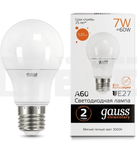 Светодиодная лампа GAUSS 23217A LED Elementary A60 7W E27 520lm 2700K 1/10/100 0