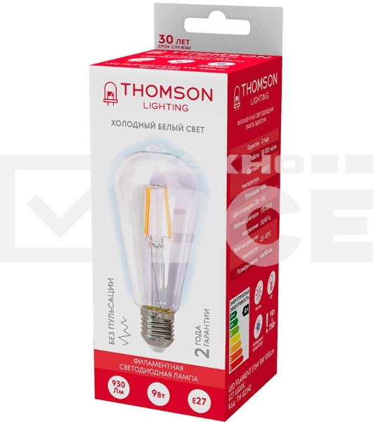 Лампа филаментная Thomson E27,  эдисон, 9Вт, 6500К, белый холодный,  TH-B2342, 1 шт.