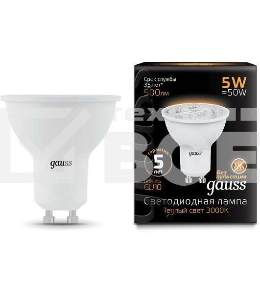 Лампа светодиодная Gauss Black 5Вт цок.:GU10 рефлектор 220B 3000K св.свеч.бел.теп. MR16 (упак.:10шт) (101506105)