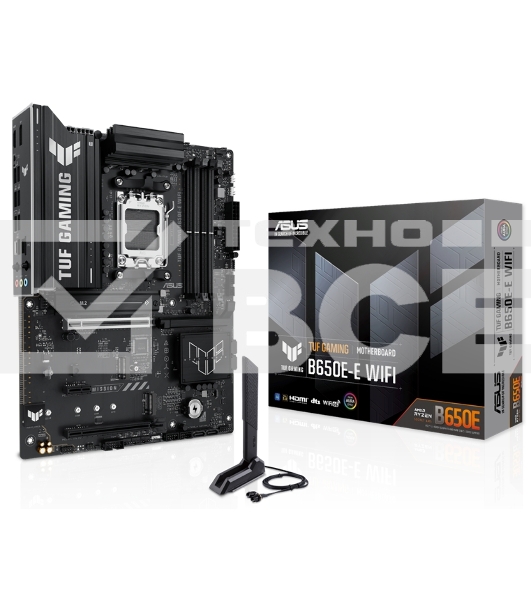 Материнская плата ASUS TUF GAMING B650-E WIFI, AM5, AMD B650, 4xDDR5, 4xSATA, 3xM.2, 1xPCIe 4.0 x16, 1xPCIe 4.0 x16, 1xPCIe x1, 1xDP, 1xHDMI, 1x2.5Gb LAN, Wi-Fi 6E, Bluetooth 5.3, 2xUSB-C (1x10Gbps, 1x20Gbps), 3xUSB-A 5Gbps, 2xUSB-A 10Gbps, 3xUSB-A 2.0, 5