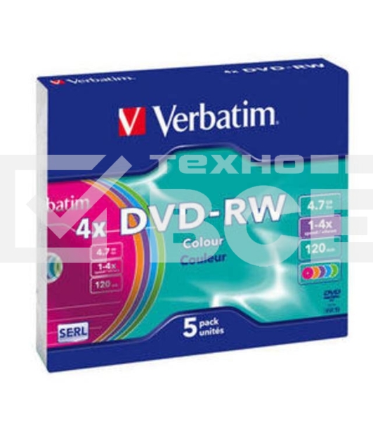 Диск DVD-RW Verbatim 4.7Gb 4x Slim case (5шт) Color (43563)