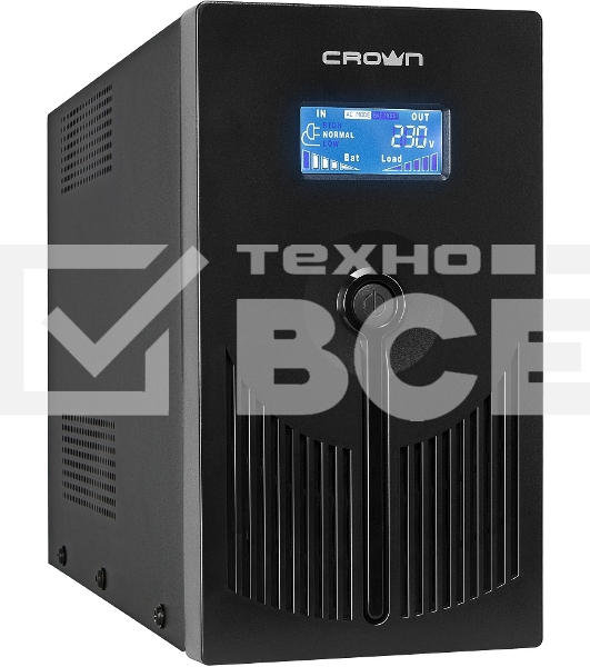 Источник бесперебойного питания CROWN 800VA/450W, металл, 1x12V/9AH, розетки 3*EURO+1*IEC bybass, трансформатор AVR 145-280V, LCD дисплей, съёмный кабель 1.2м, фильтр телефонной и ethernet линии RJ11/45, защита батареи, от перегрузки, от КЗ