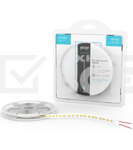Лента светодиодная Basic Gauss 12V 9,6W/m 624lm/m 4000K IP20 LED 2m 1/100