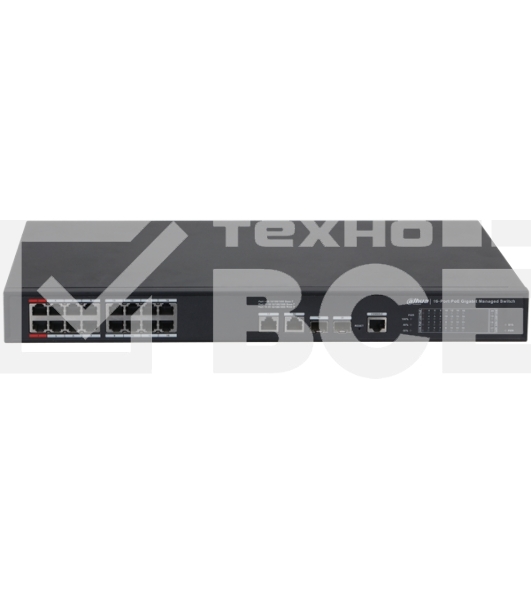 Коммутатор 20-портовый гигабитный управляемый с PoE DAHUA DH-S4220-16GT-240, уровень L2, 16xRJ45 1Gb PoE, 2xRJ45 1Gb, 2xSFP 1Gb, суммарно до 240Вт, коммутация 56 Гбит/с, MAC-таблица 8к, металл