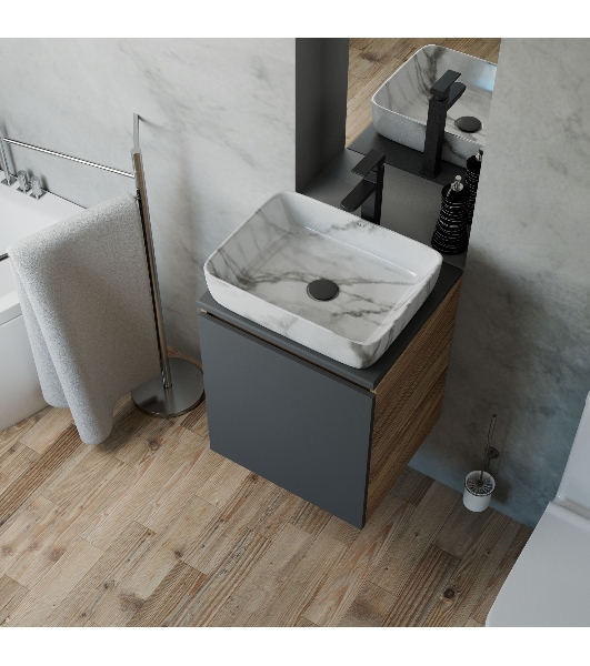 Тумба Bau Dream Blackwood 50 графит, раковина BAU Hotel 51х39, мрамор, смеситель для раковины высокий Hotel Black, черный, выпуск клик клак, черный